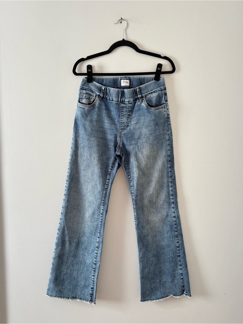 Bevy Flog Amanda Wide Leg Denim Pull-On Raw Hem Stretch Jeans Faded Blue